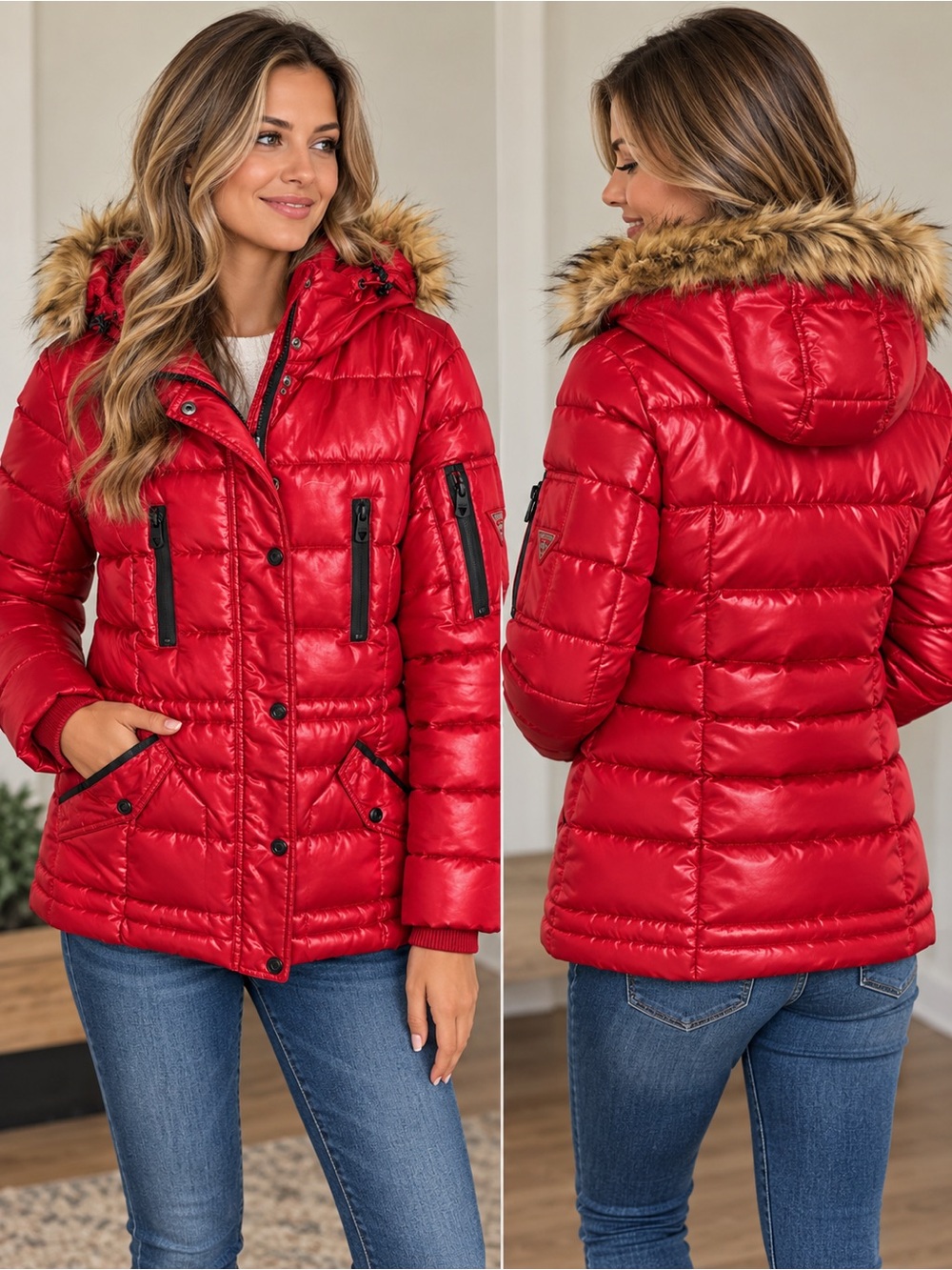 Guess Red Quilted Puffer Jacket with Faux Fur Trim Hood